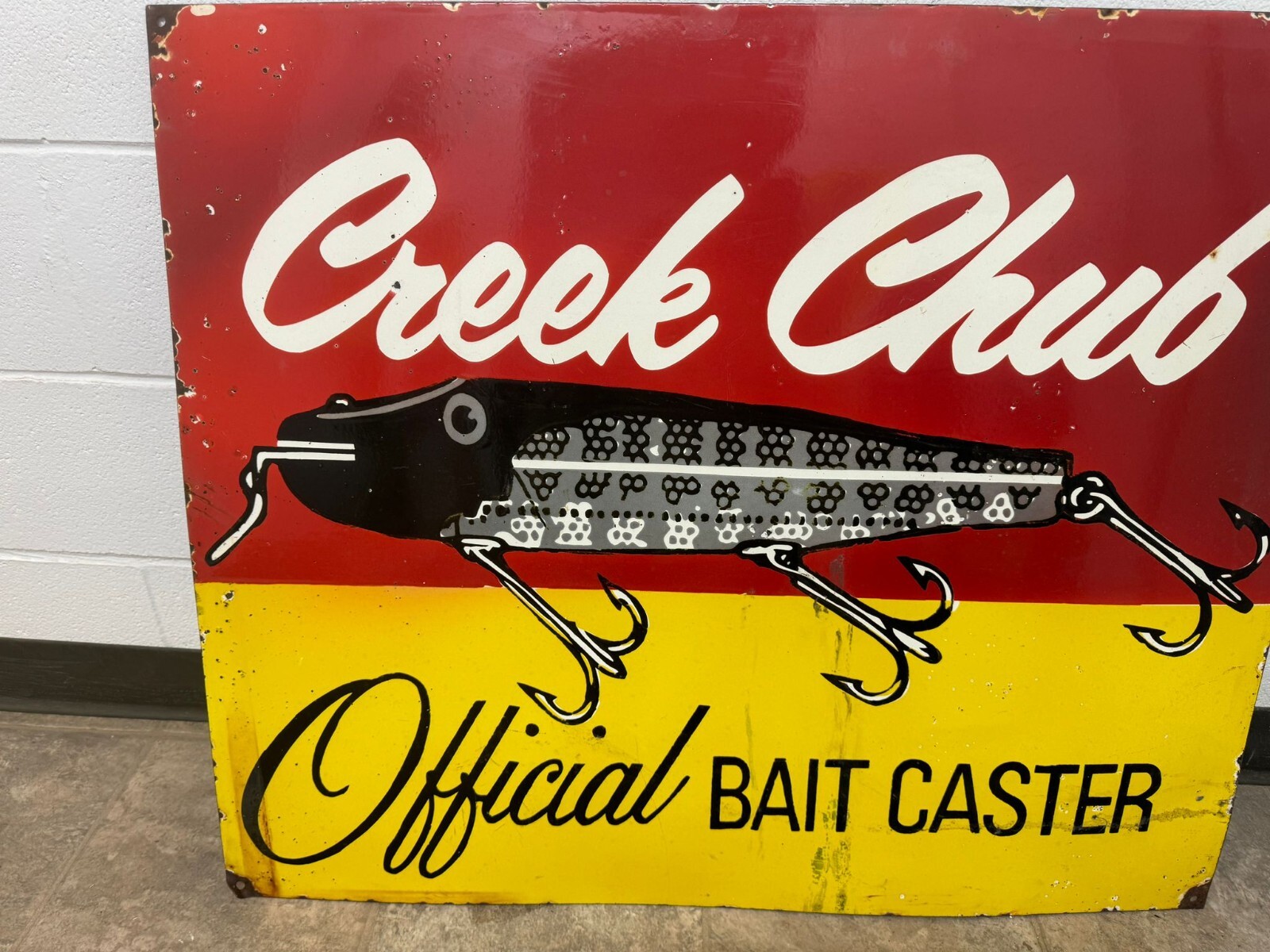 CREEK CHUB OFFICIAL BAIT CASTER 36X30 SINGLE SIDED PORCELAIN ENAMEL SIGN