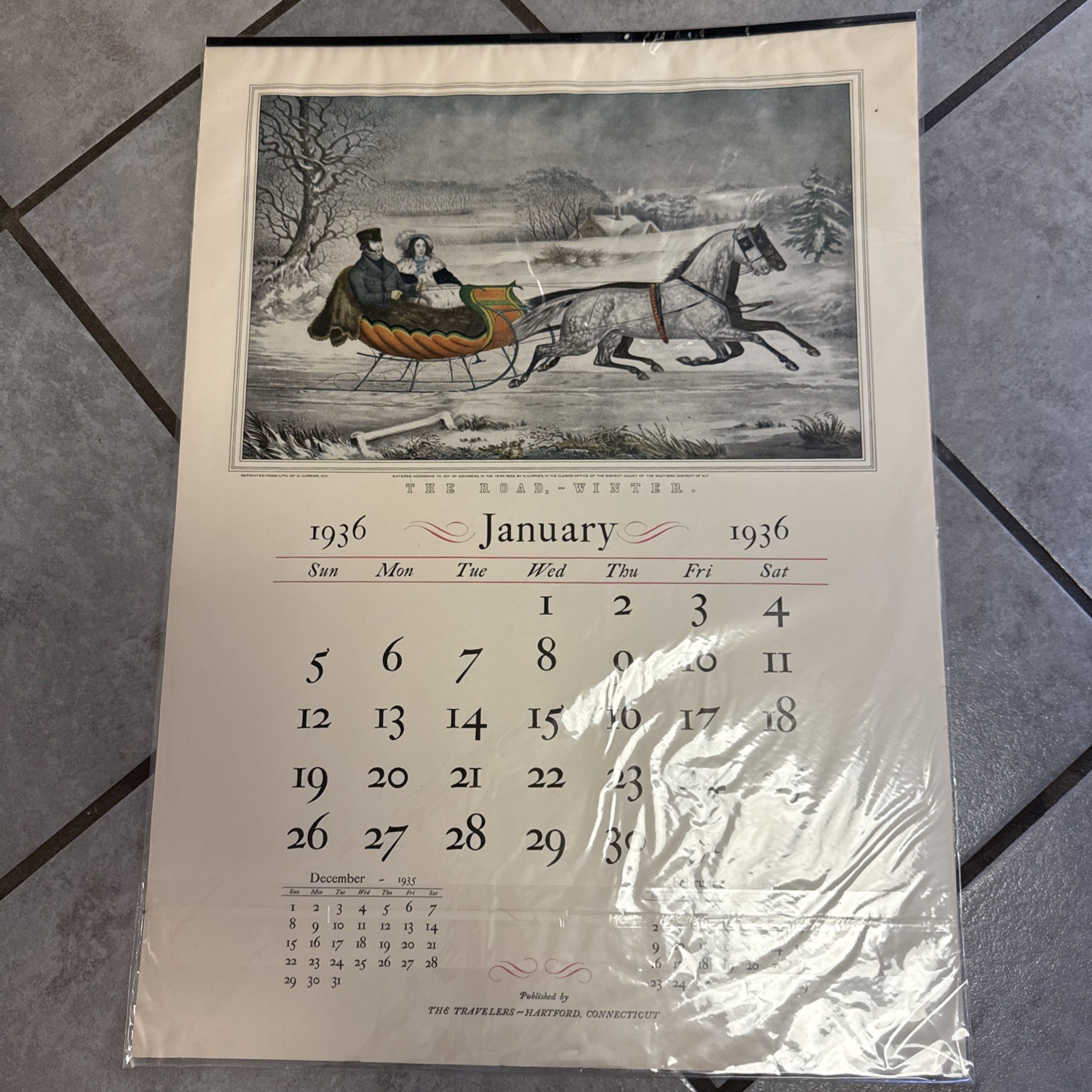 The Travelers 1936 Wall Calendar Of Currier & Ives Prints- Still In Plastic!!!!!