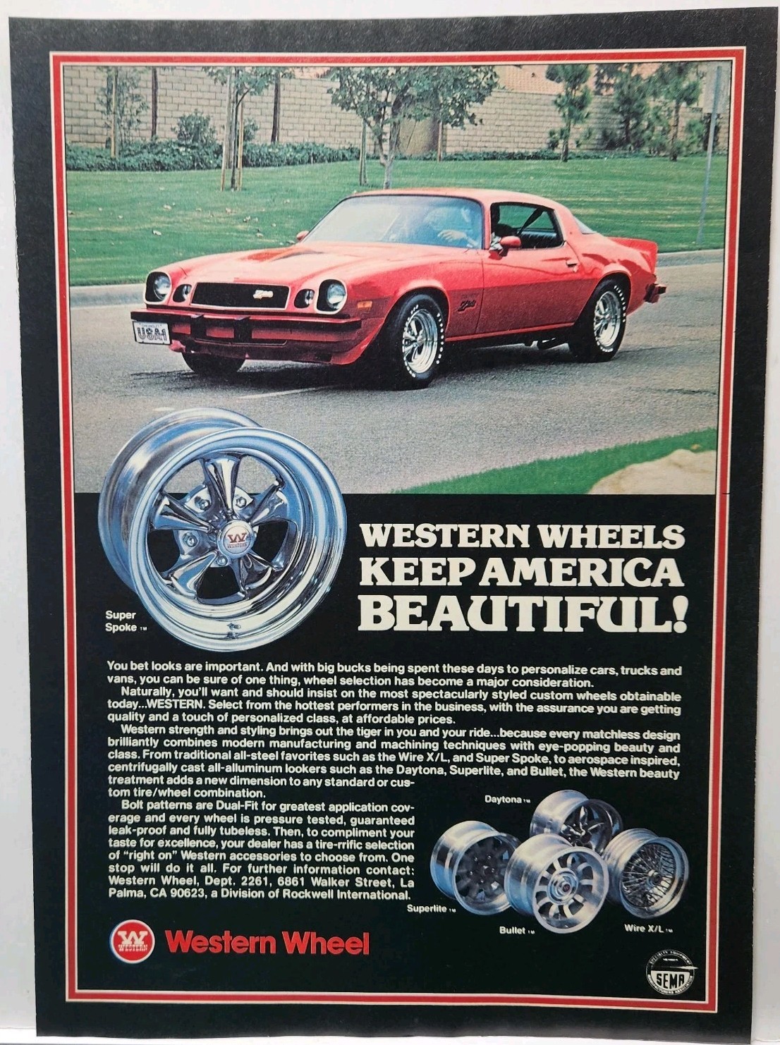 1978 Western Wheel Camaro Z28 Red Super Spoke Chrome Retro Original Print Ad 70s
