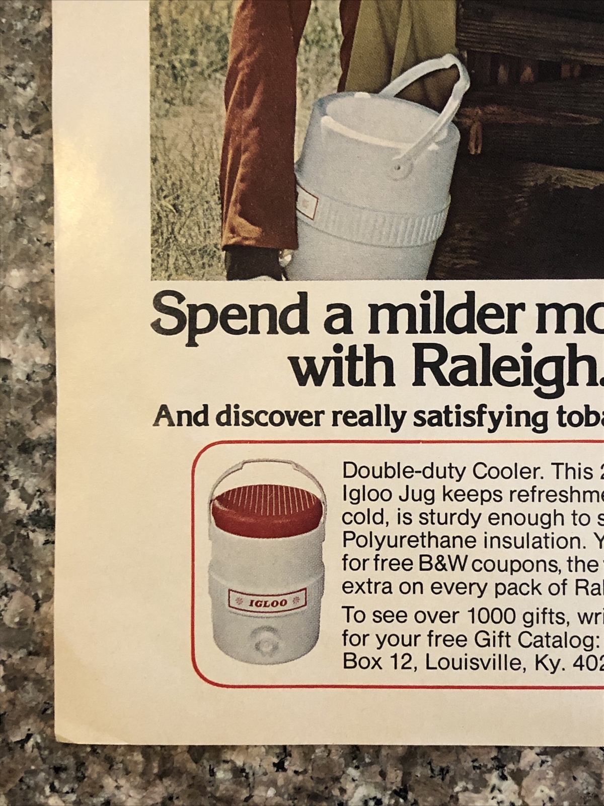 1974 Raleigh Cigarettes PRINT AD Camping Couple – Igloo Jug Offer VTG 1970s