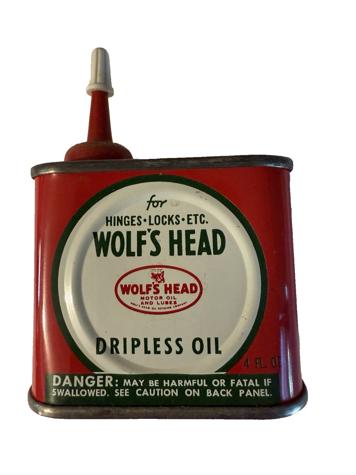 Vintage WOLF’S HEAD DRIPLESS 4 OZ. OIL CAN / TIN ADVERTISING OLD ORIGINAL CAN
