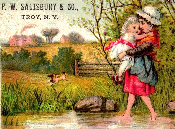 F W Salisbury & Co Picture Frames Mouldings TROY NY Mother Daughter Stream Dog