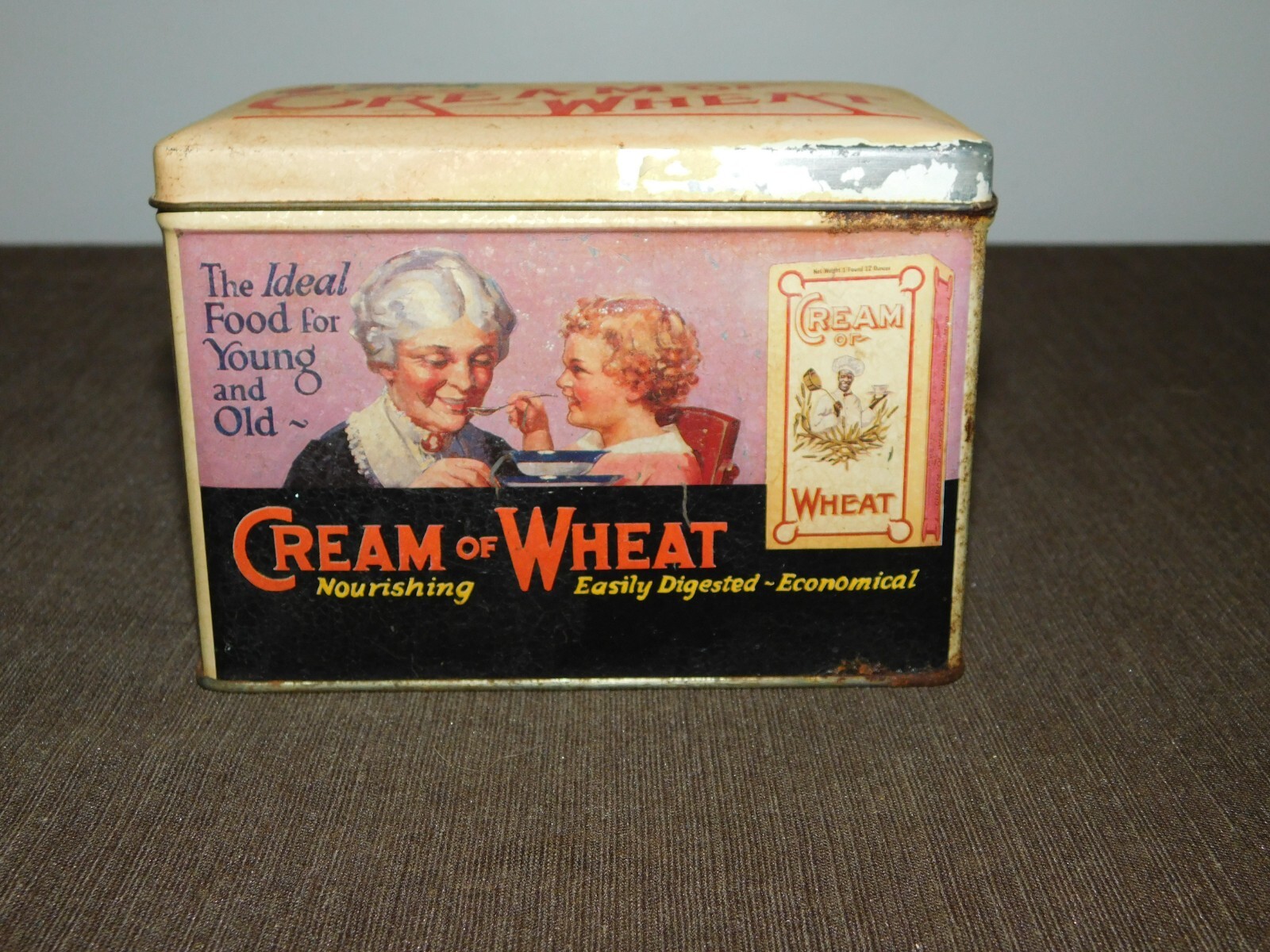 VINTAGE KITCHEN 12 1/2″ HIGH REPRO TIN CAN *EMPTY* CREAM OF WHEAT