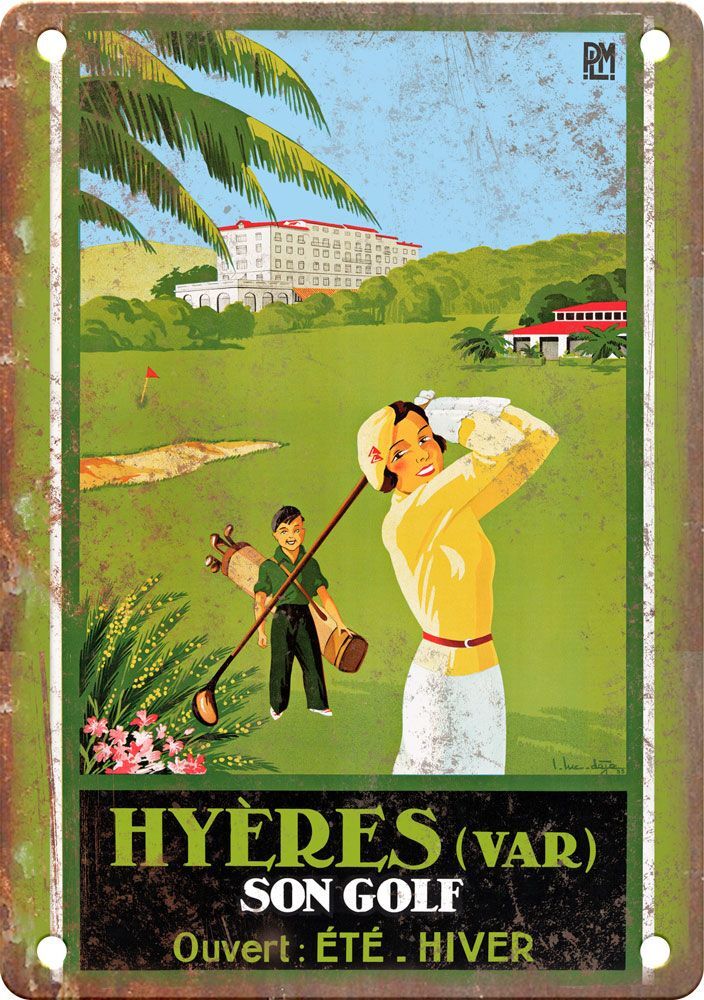 Metal Sign – Vintage Hyeres Golf Travel Poster – Retro Look Reproduction T358