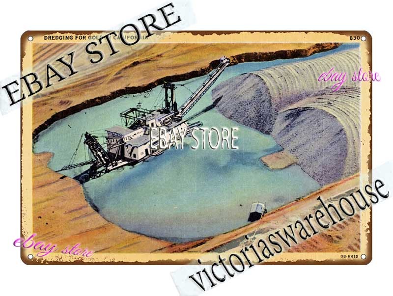 1943 California Gold Dredging Industrial Mining Scene Tin Sign art poster shop