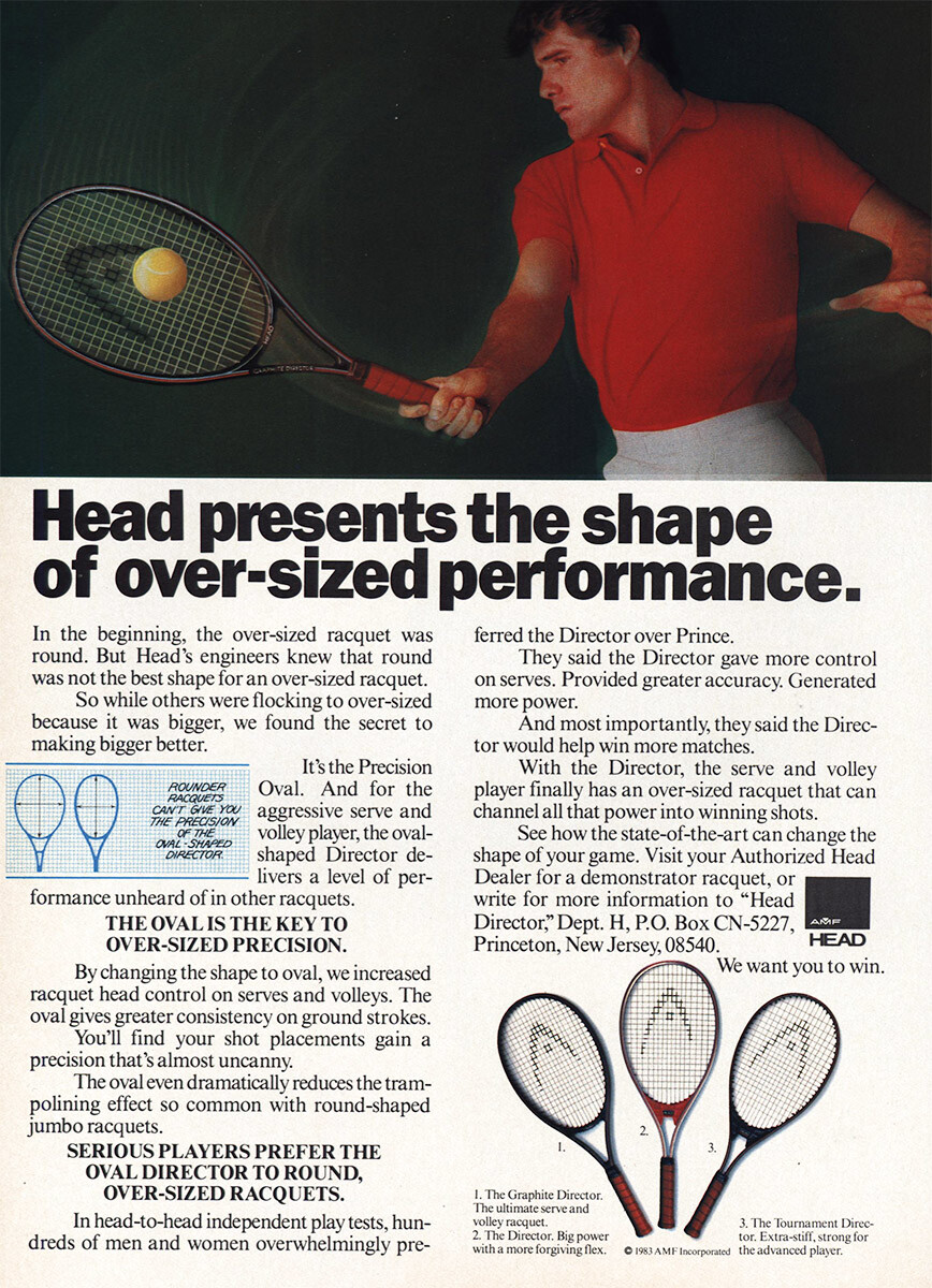 1983 Head Tennis Racquet: Shape Over Sized Performance Vintage Print Ad