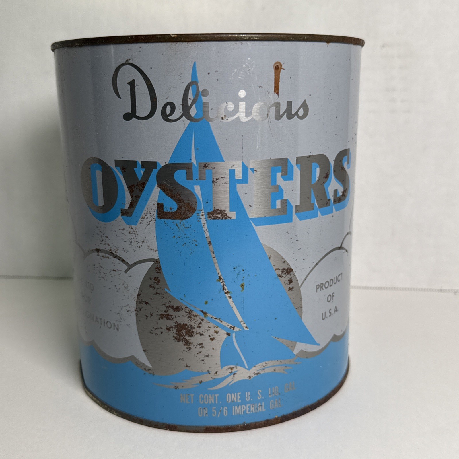 Vintage Delicious Oysters Brand 1 Gallon Tin Morattico, VA, Product Of USA