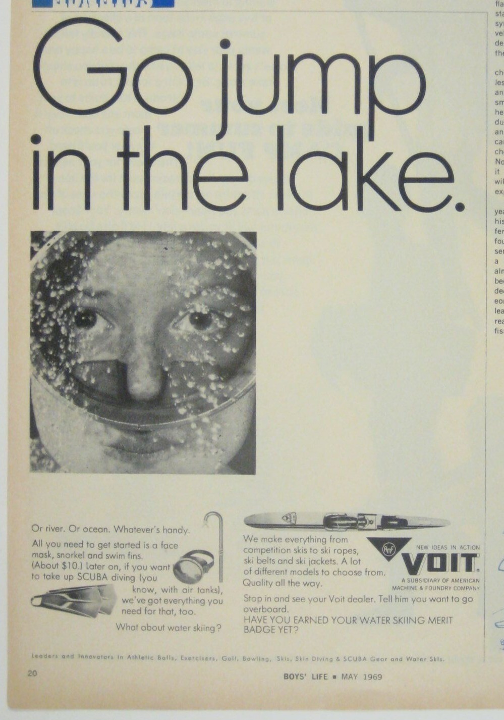 Vintage 1969 Print Ad Voit Scuba Gear Goggles Face Mask Snorkel Swim Fins