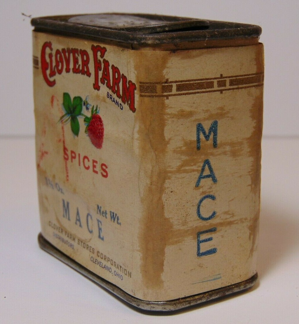 1930s MACE CLOVER FARM FLOWER BEE GRAPHIC SPICE TIN PAPER LABEL CLEVELAND OHIO
