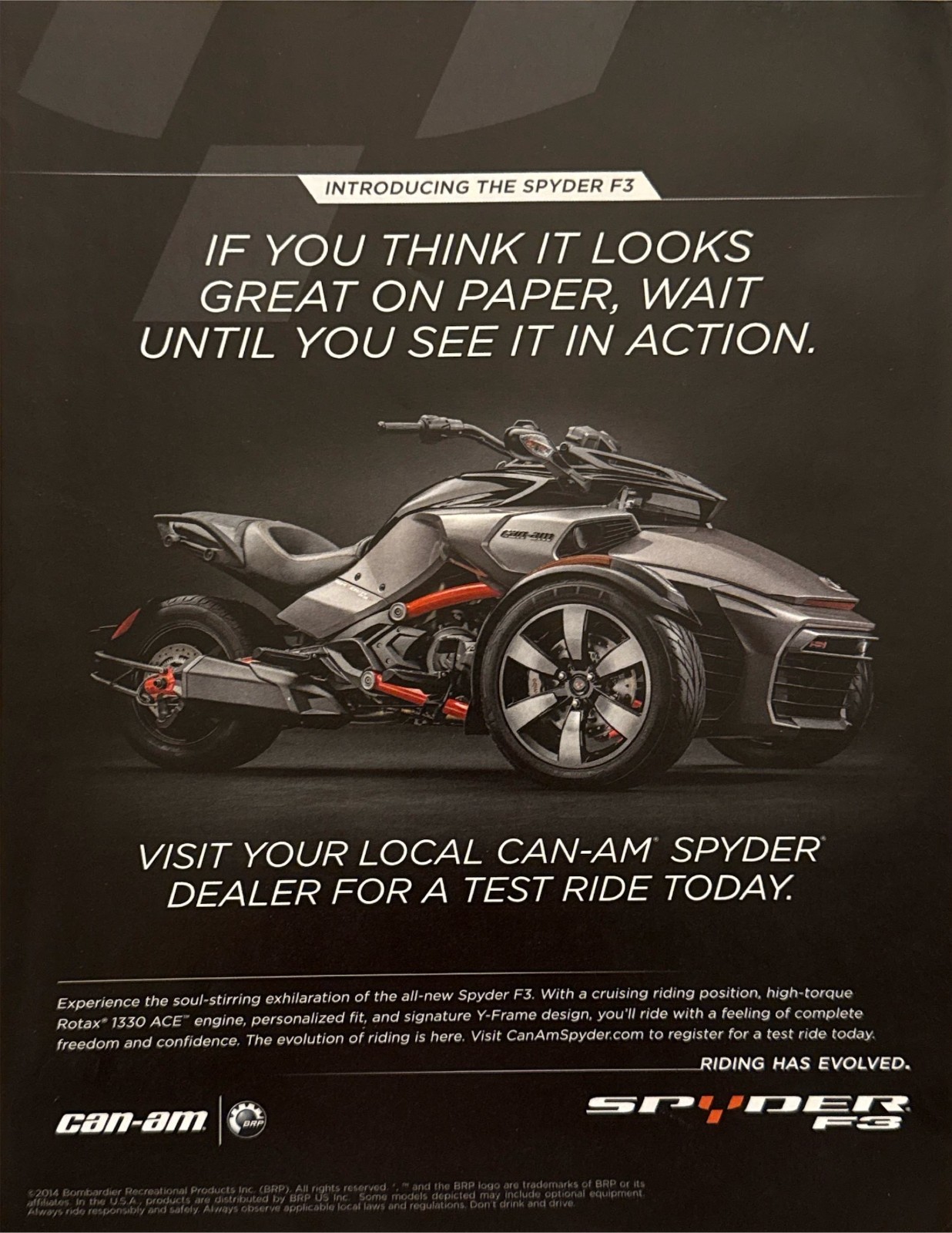 2015 Can-Am Spyder F3 3-Wheel Motorcycle photo “See It in Action Today” print ad