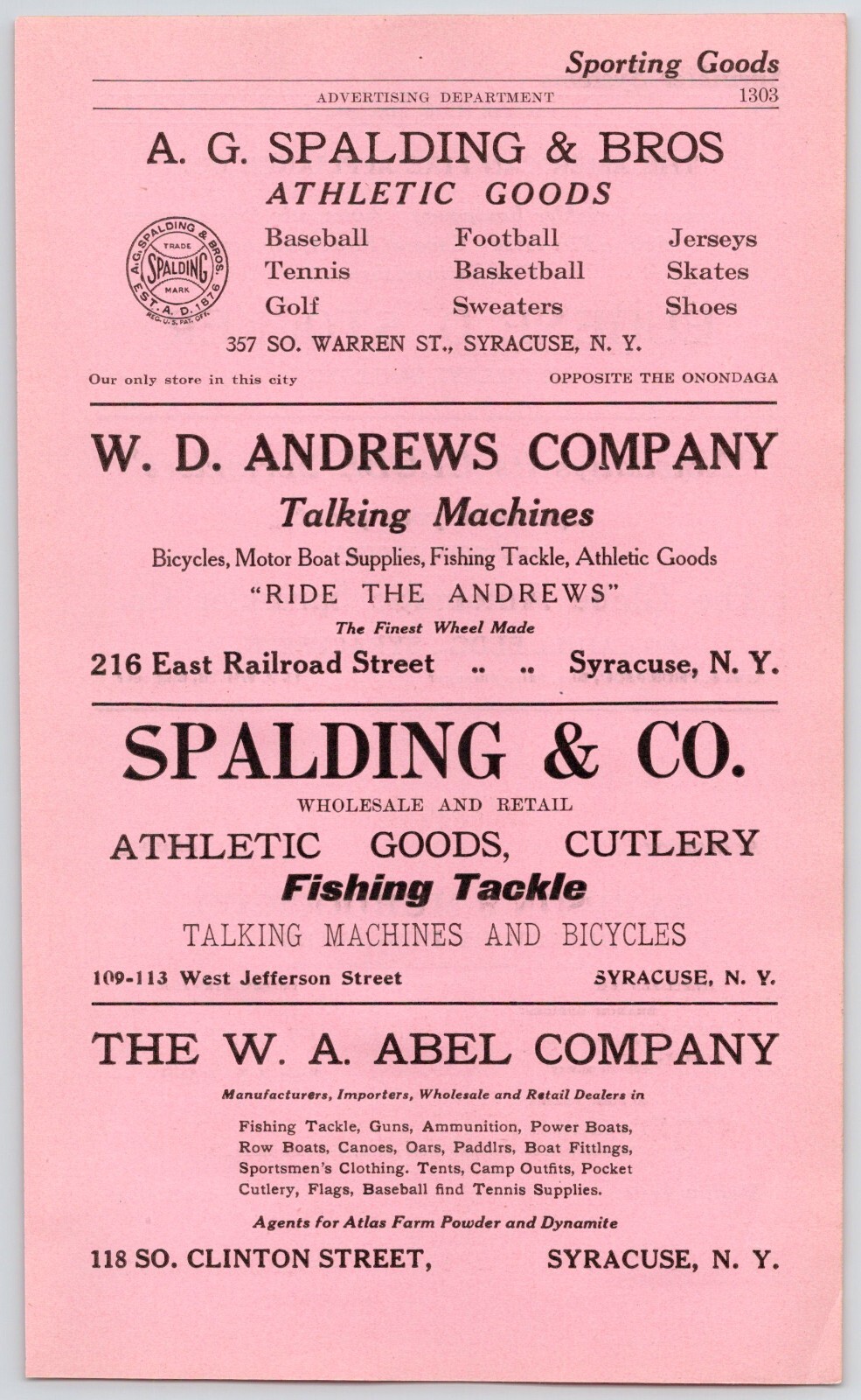 1916 Sporting Goods Syracuse NY Print Ad Spalding & Co Spalding & Bros WA Abel