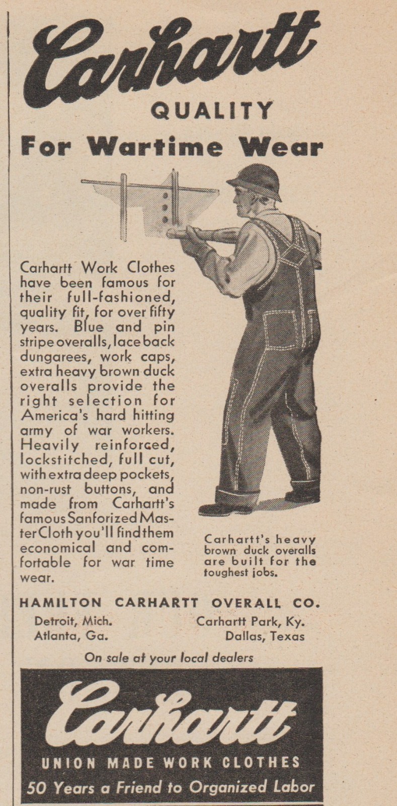 1944 Carhartt Work Clothes – Bibs Overalls, Factory Worker – Small Print Ad Art
