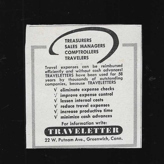 Traveletter Expense Control 1953 Vintage Print Ad Greenwich, Connecticut