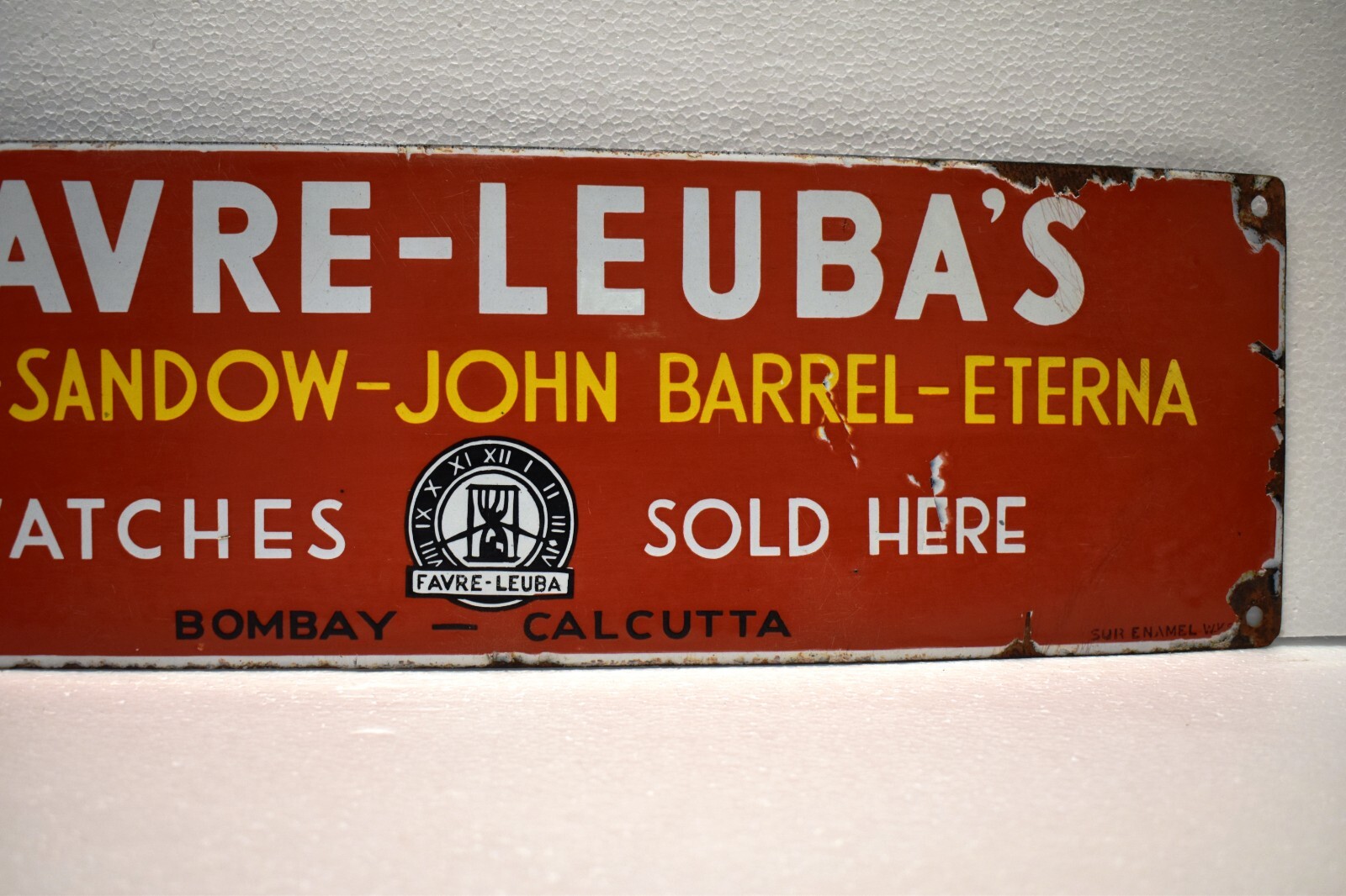Vintage Favre Leuba Porcelain Enamel Sign Bombay Calcutta Watch Shop Advertising