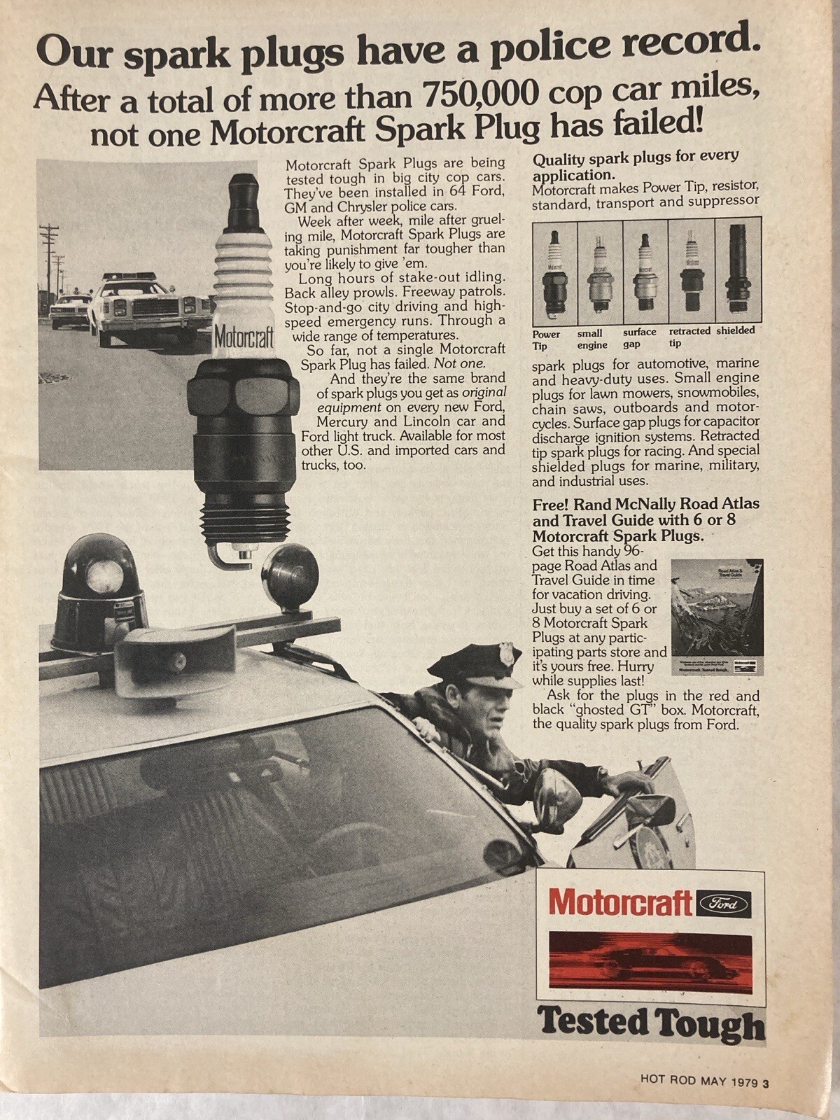 1979 Motorcraft Spark Plugs Print Ad Police Record Rand McNally Road Atlas