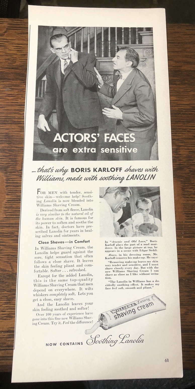 1942 Boris Karloff for Williams Shaving Cream / Philip Morris – Vintage Ad