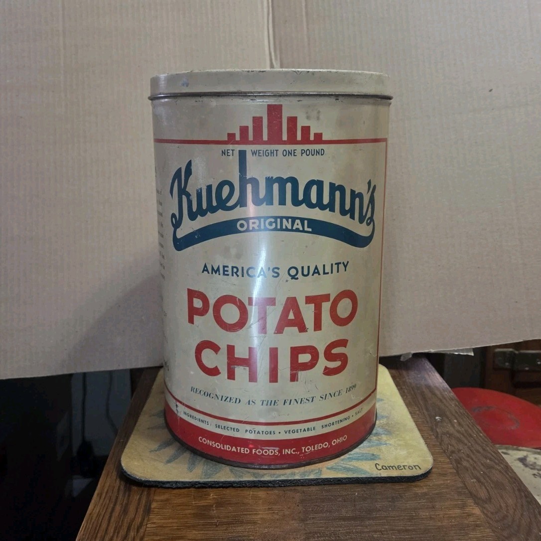 Kuehmann’s Original Potato Chips Advertising Tin Beige Red Blue Collectible