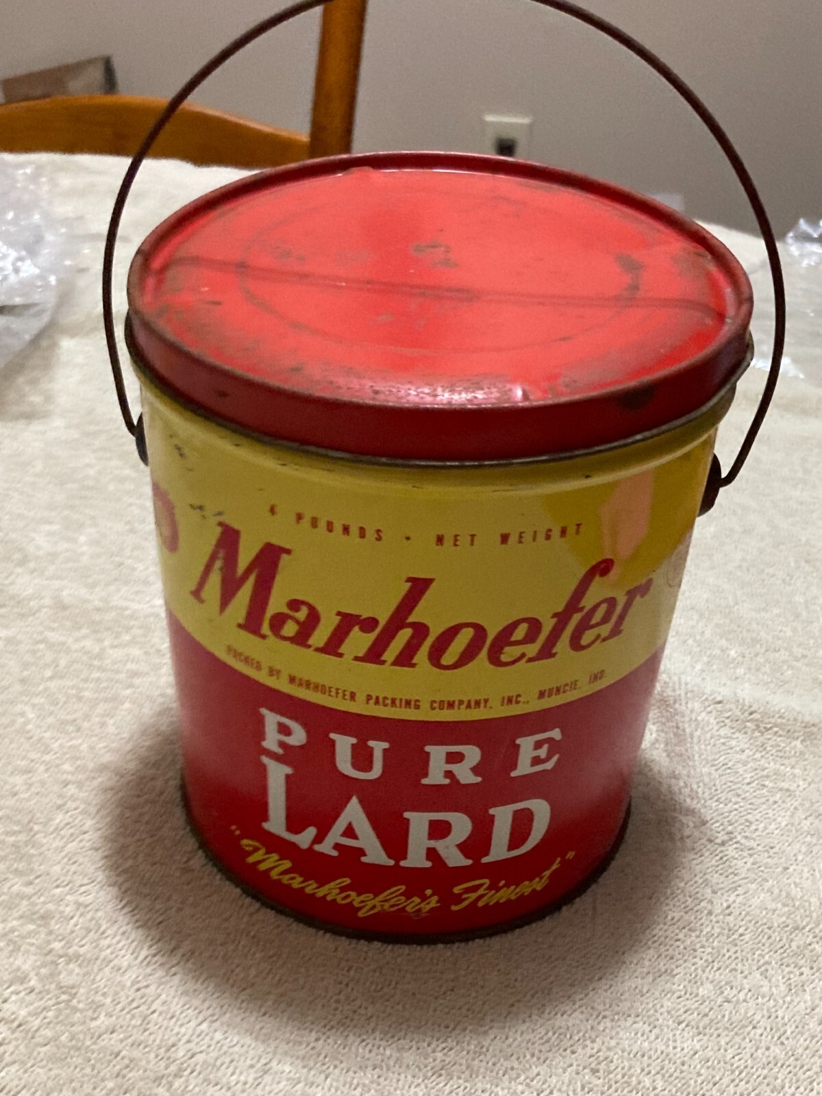 Marhoefer Yellow and Red Pure Lard Metal Pail with Handle 4 pounds As Seen