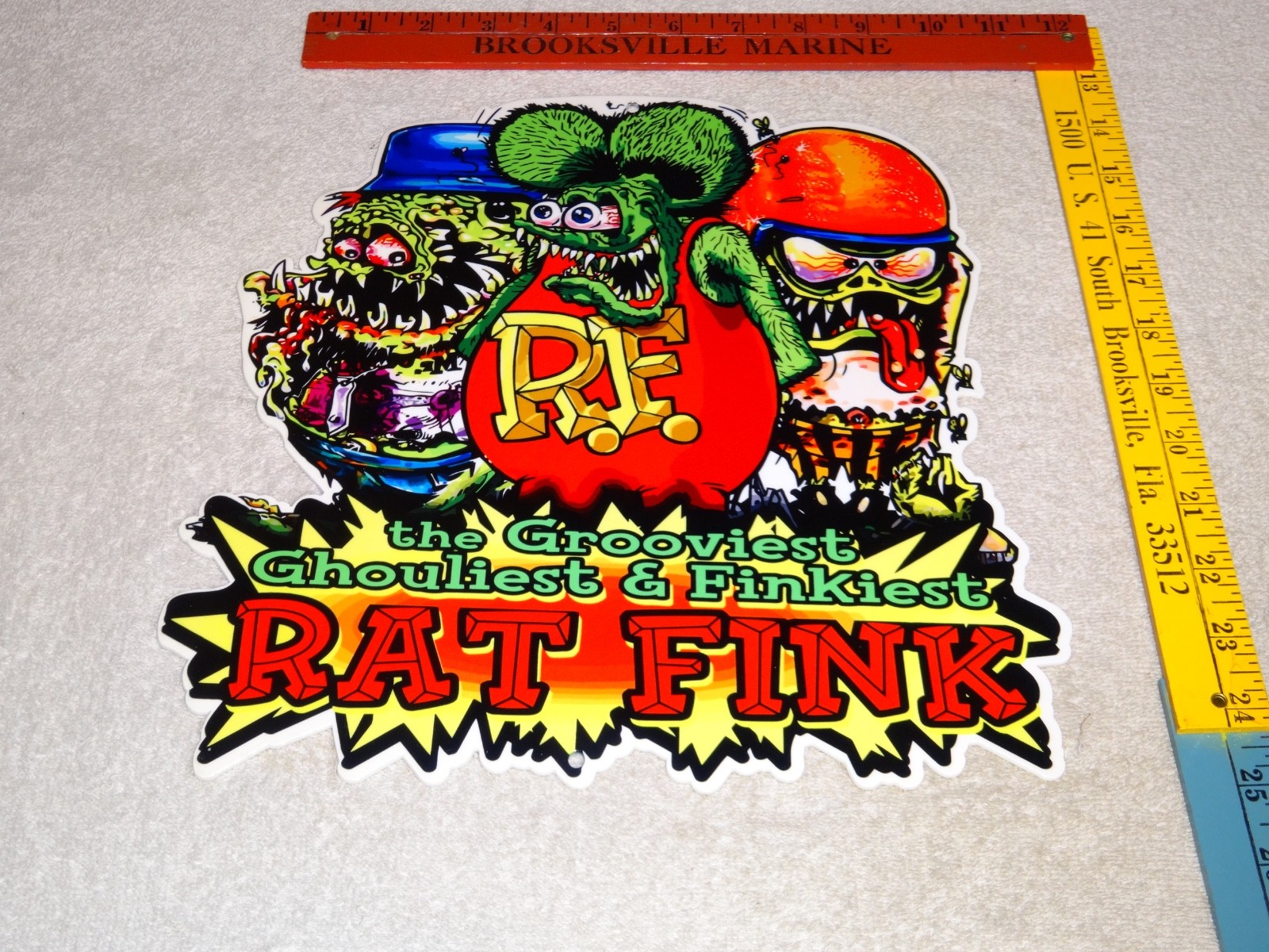 VINTAGE RATFINK W/ 2 MONSTERS ED ROTH PORCELAIN METAL RAT FINK GASOLINE OIL SIGN