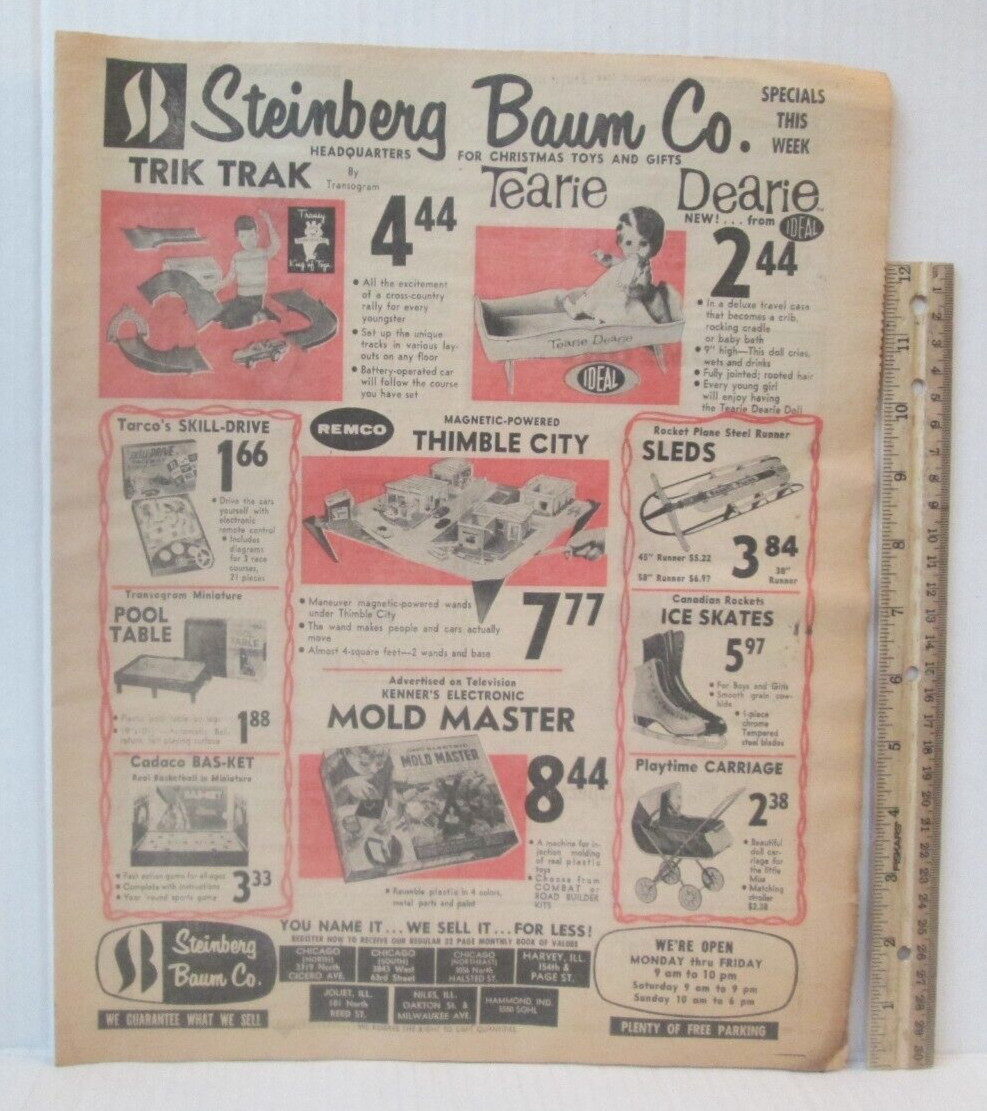 1964 CHRISTMAS TOYS 11″X15″ NEWSPAPER AD Steinberg Baum Chicago Remco Ideal EBS