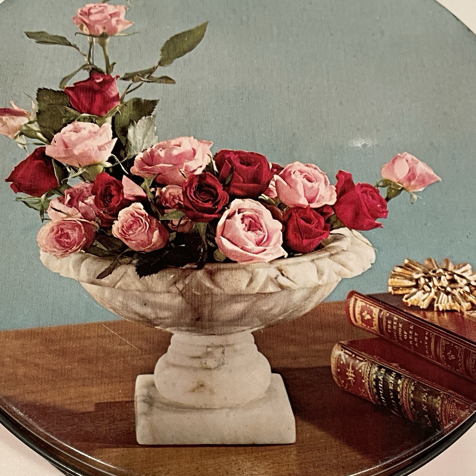 VINTAGE 7 Inch Round METAL ROSES FLOWER TIN Beautiful Colors Red, Blue, Pink