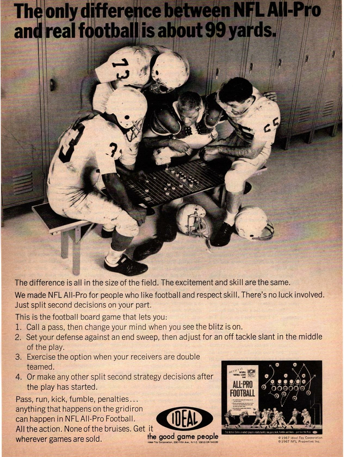 1967 NFL All-Pro Football Board Game Ideal The Good Game People Locker Print Ad