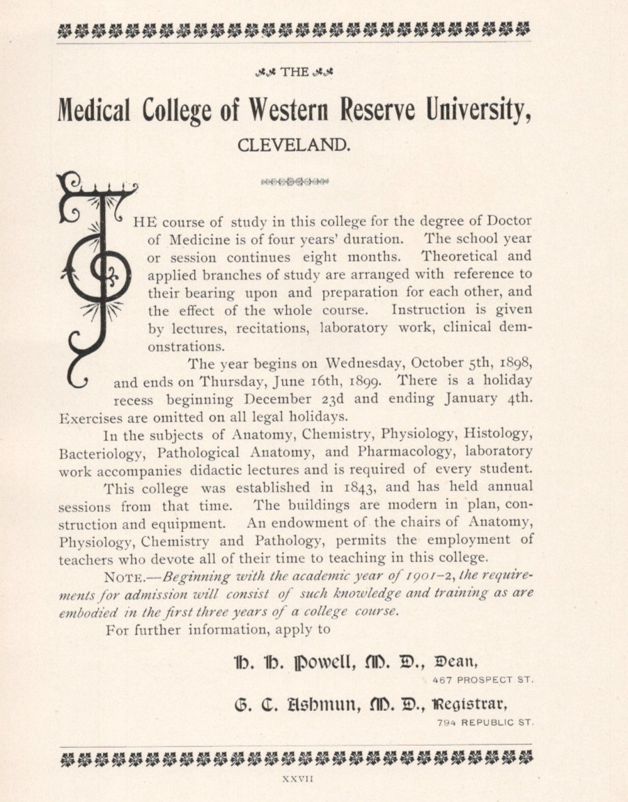 1899 Medical College of Western Reserve University Cleveland OH Print Ad