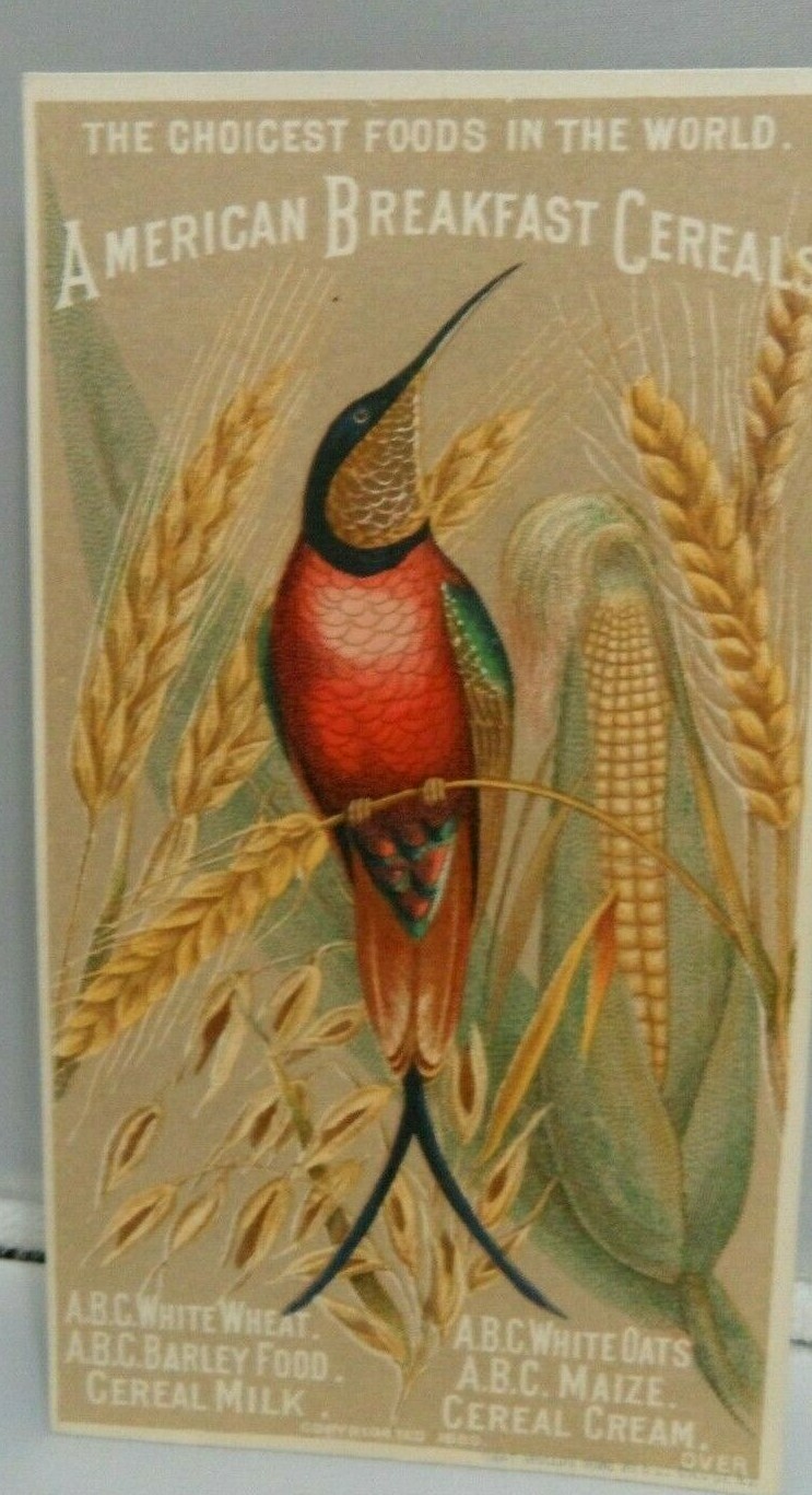 AMERICAN BREAKFST CEREALS VICTORIAN TRADE CARD HUMMINGBIRD 1880
