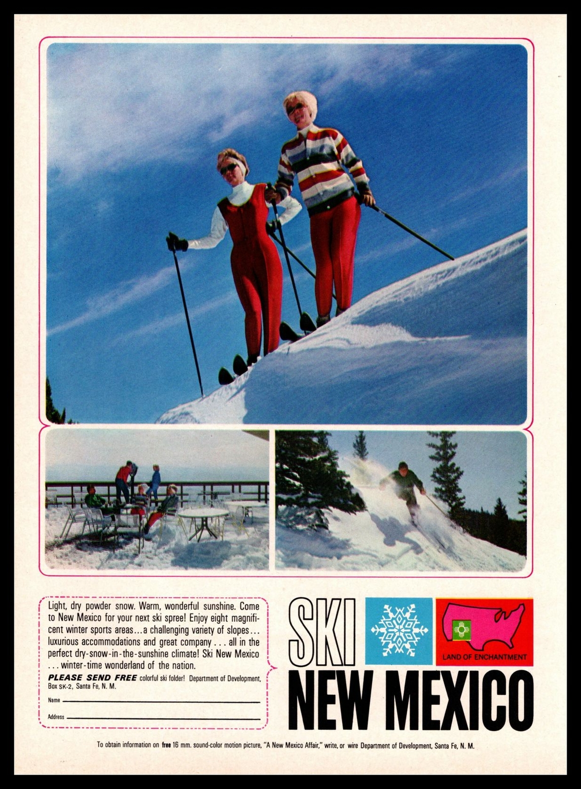 1965 Ski New Mexico Department Of Development Santa Fe NM Vintage Color Print Ad