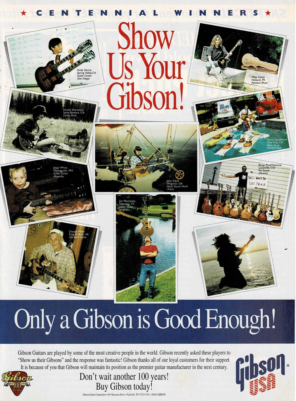 Gibson Guitars – Centennial Winners – 1995 Print Advertisement