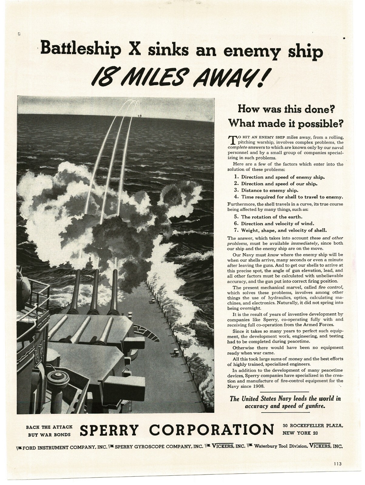 1943 Sperry Corp. WWII Fire Direction Control FDC Battleship Vintage Print Ad