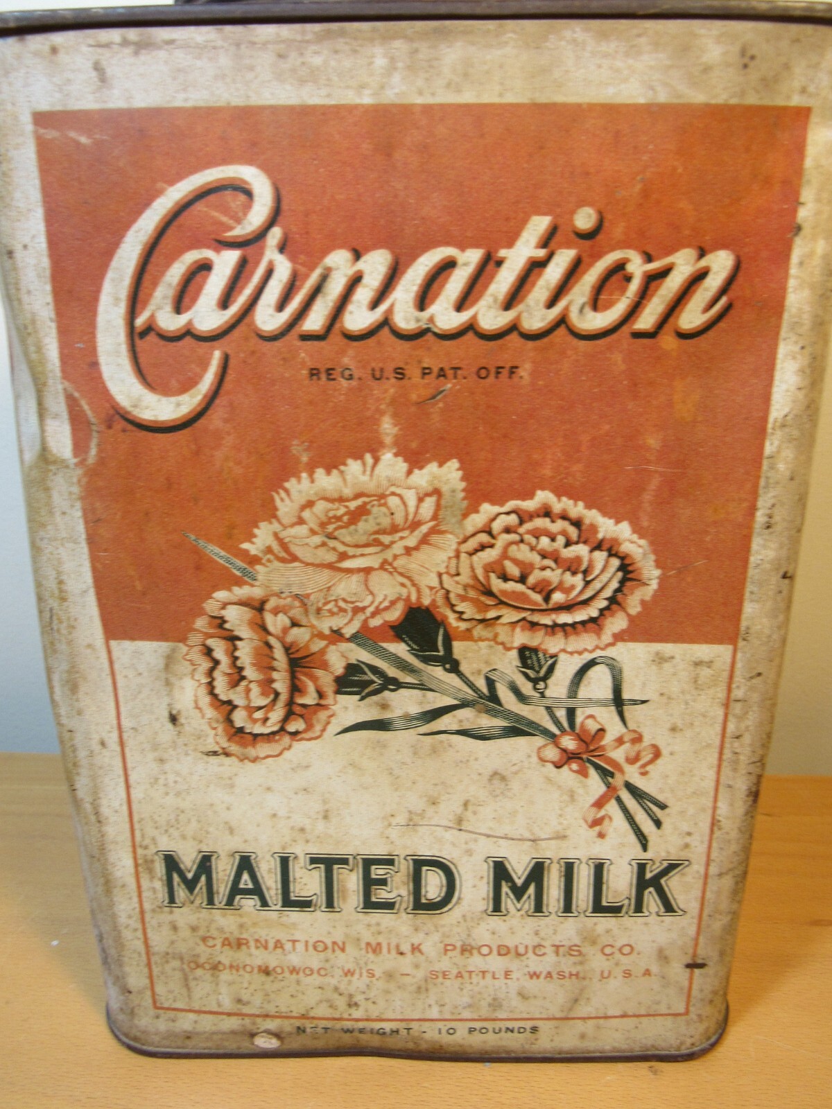 VTG CARNATION MALTED MILK Can Tin 10 Pound Canister Oconomowoc Wis, Seattle Wash