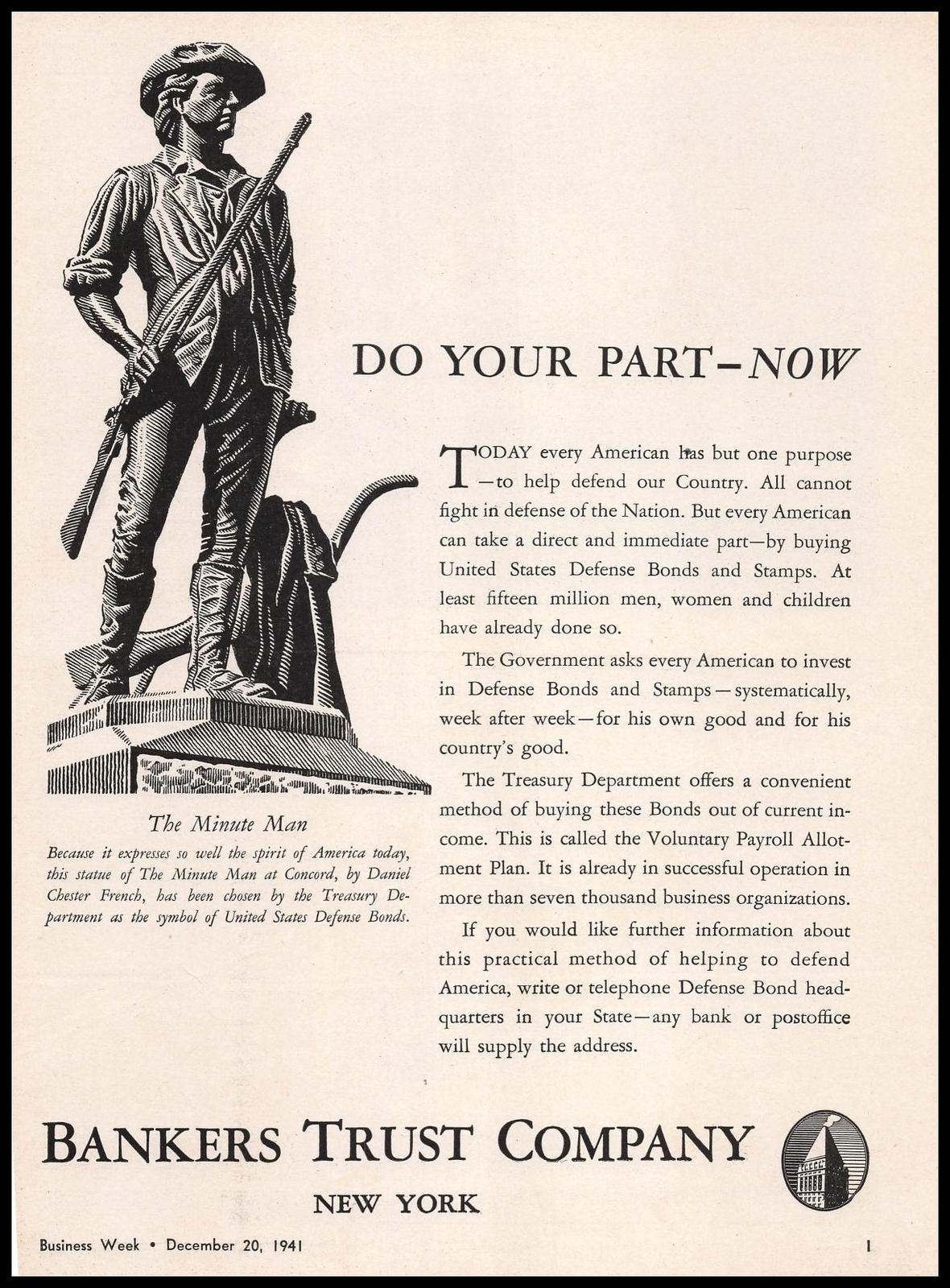 1941 Bankers Trust Company New York Minute Man At Concord Statue Print Ad