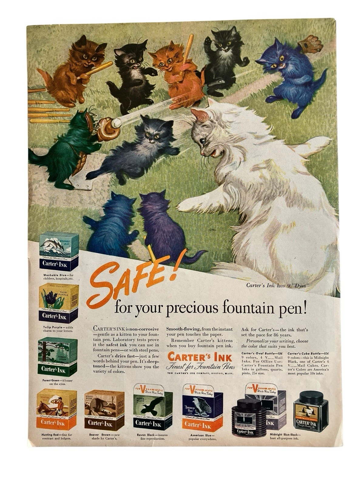 Vtg Carter’s Ink 1944 Print Ad Kittens Play Baseball Different Colored Cats Cute
