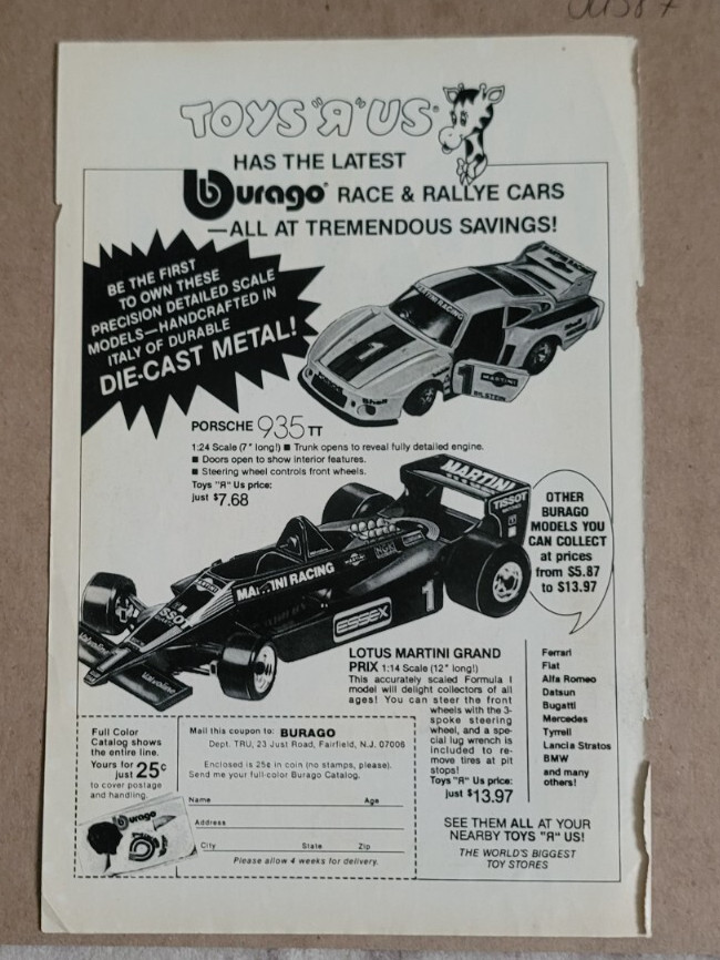 Burago Diecast Cars Porsche 935 & Lotus Martini for Toys “R” Us 1980 Ad (JA387