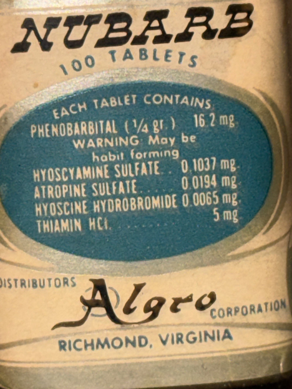 NUBARB Phenobarbital Atropine Sedative Bottle Barbiturate RARE *Make Offer*