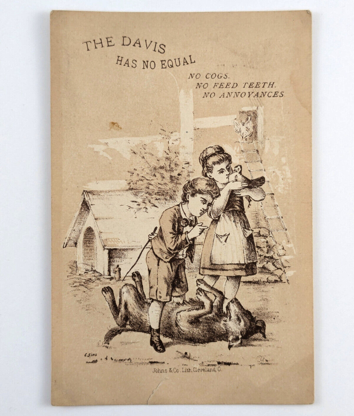 Victorian Trade Card The Davis Vertical Feed Sewing Machine Kids With Dog