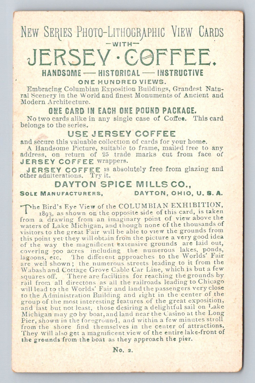 Jersey Coffee 1893 Columbian Exposition Birds Eye View Trade Card P755