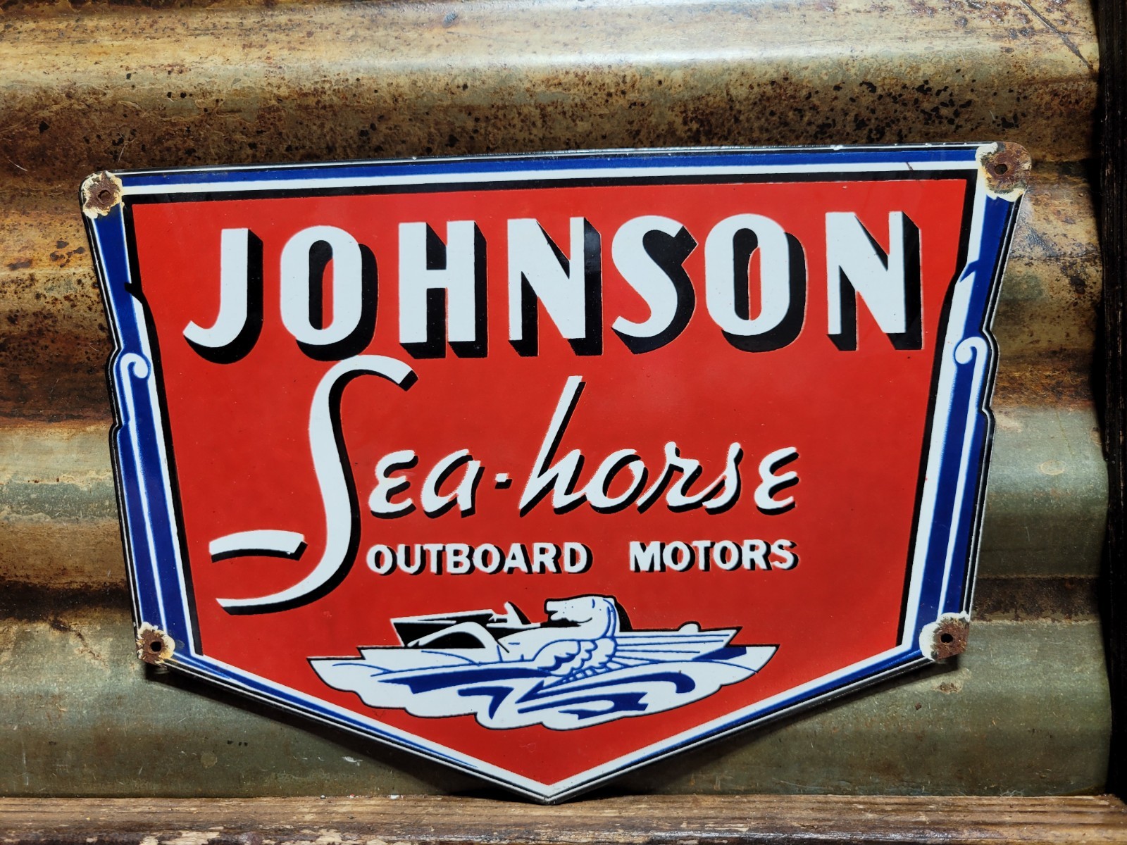 VINTAGE JOHNSON PORCELAIN SIGN OUTBOARD MOTORS SALES BOAT GAS ENGINE SEA-HORSE
