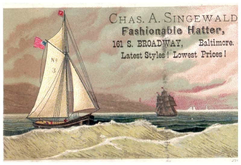 Victorian Trade Cards 1875 Chas. A. Singewald, Fashionable Hatter, Baltimore, MD