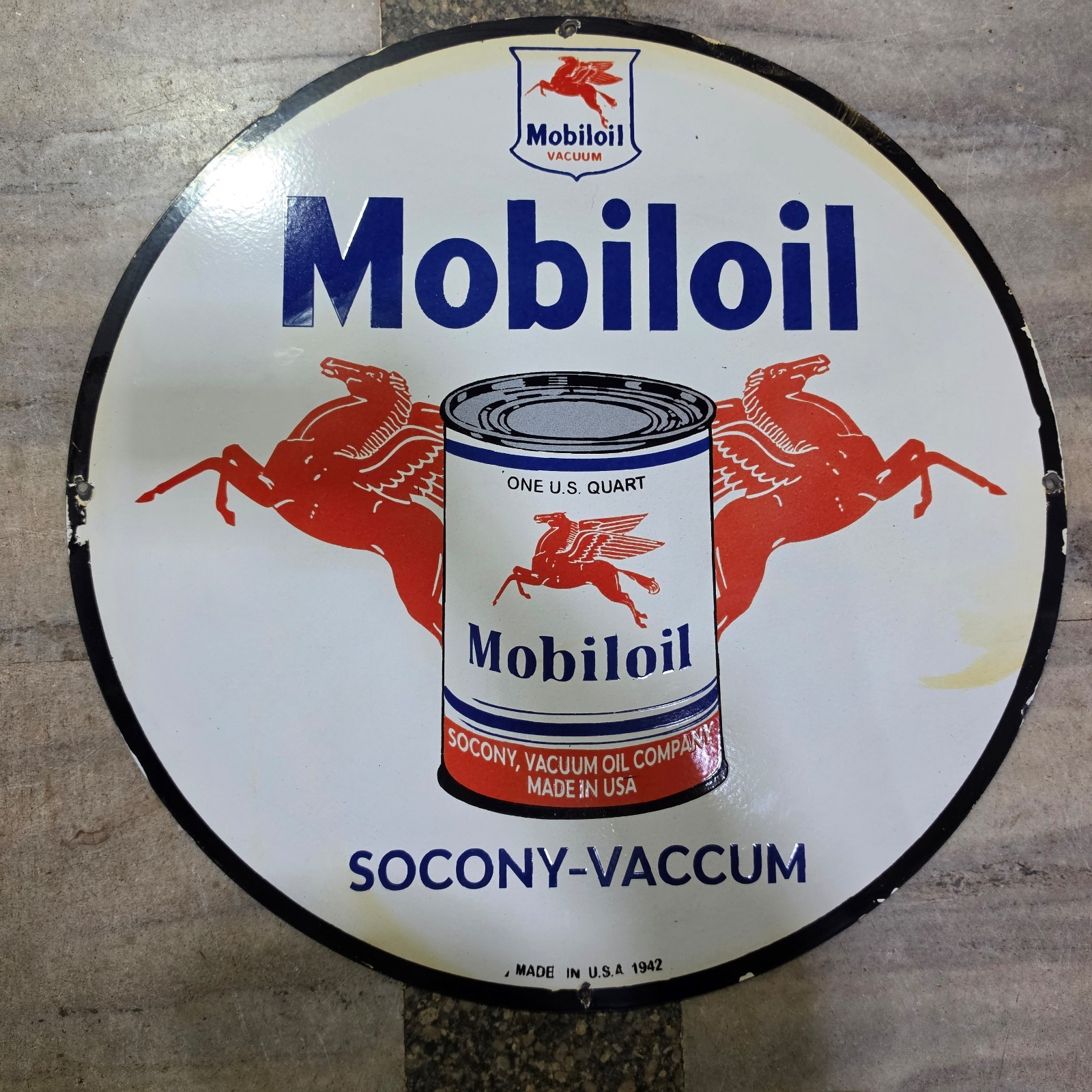 MOBILOIL SOCONY PORCELAIN ENAMEL SIGN 29 X 29 INCHES
