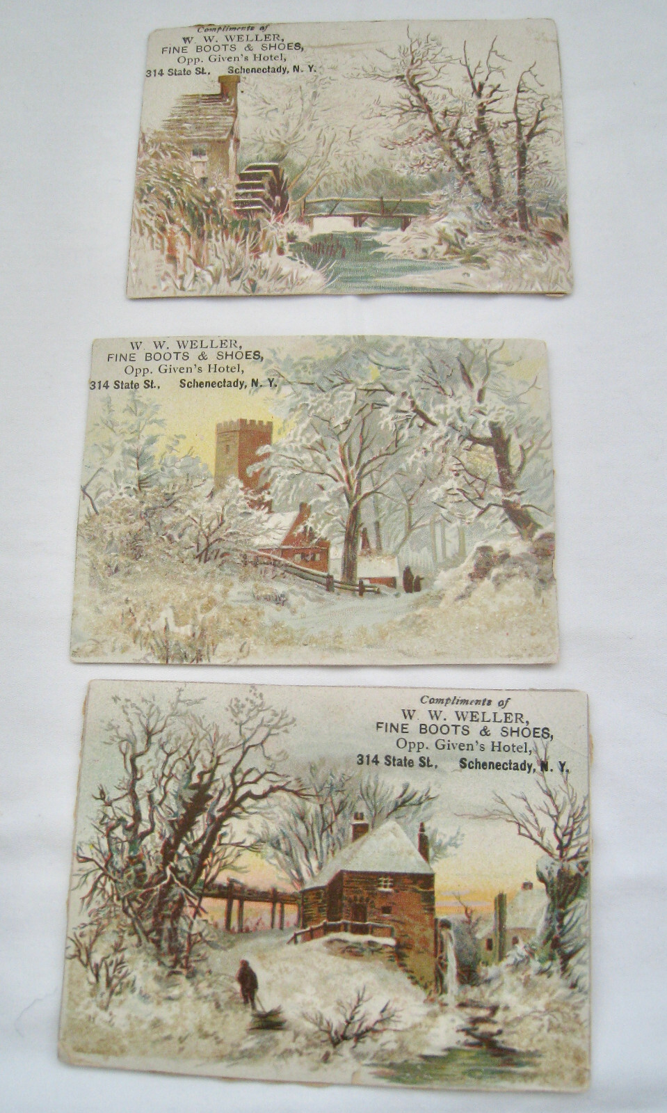 SET 3 19TH C. SCHENECTADY NY TRADE CARDS “W.W. WELLER BOOTS & SHOES OPP. GIVEN’