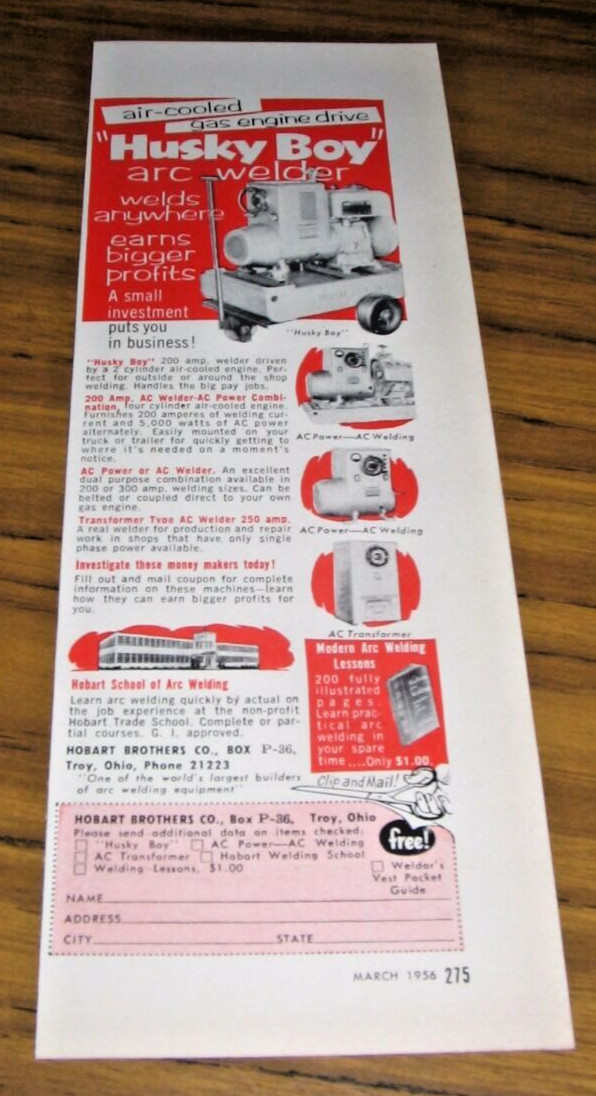 1956 Print Ad Husky Boy Arc Welders Gas Engines Hobart Bros Troy,OH