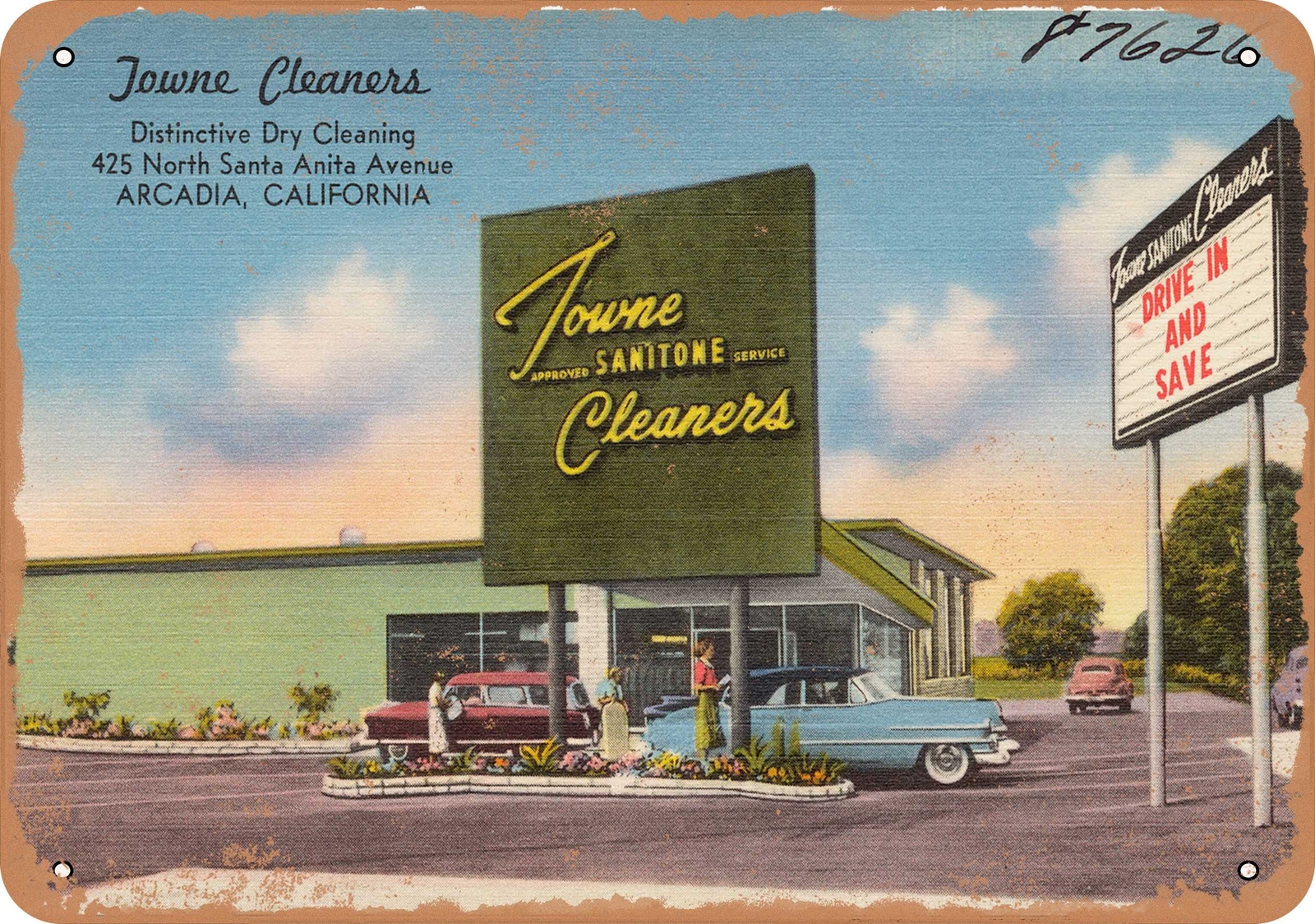 METAL SIGN – California Postcard – Towne Cleaners