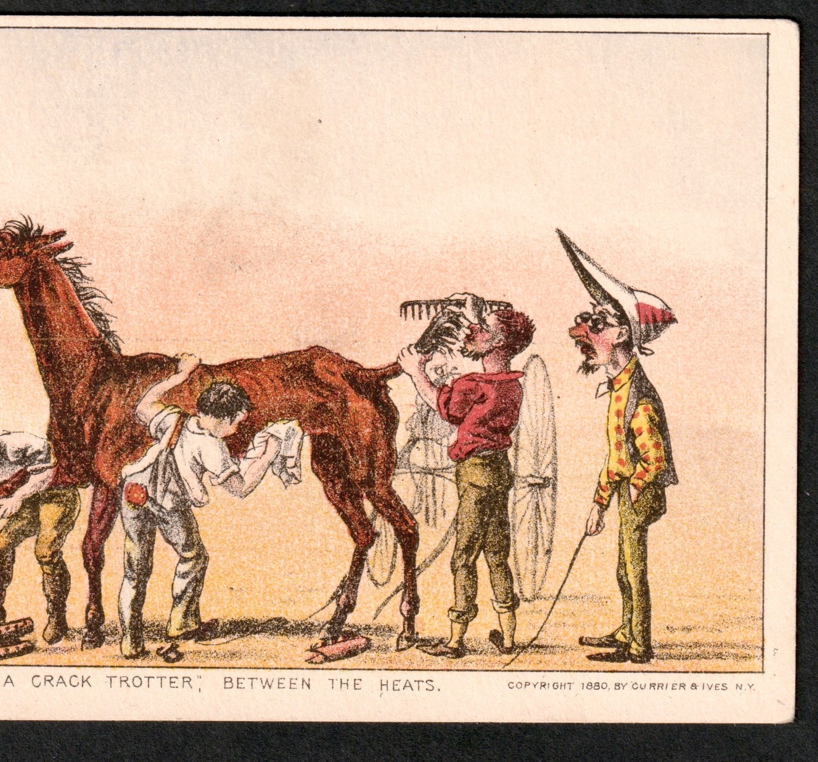 Currier & Ives © 1880 Trade Card A Crack Trotter Between Heats Horse Comic SR.47