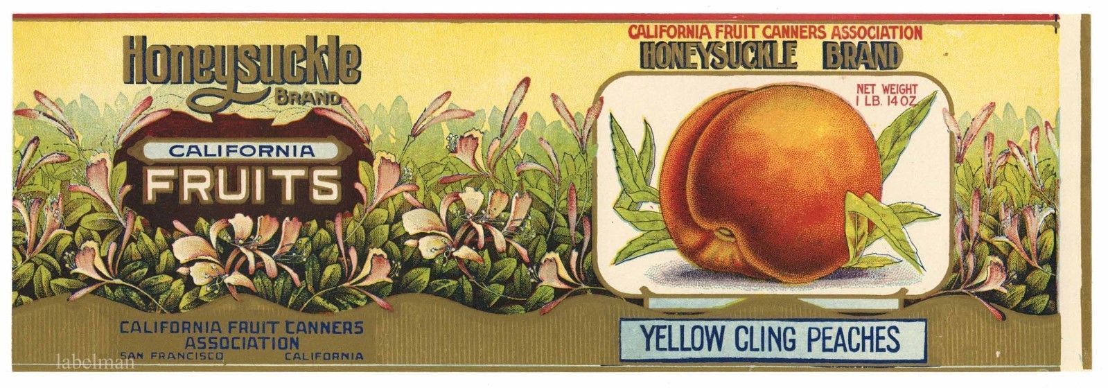 HONEYSUCKLE Brand, Embossed, Peach, *AN ORIGINAL 1910’s TIN CAN LABEL* A19