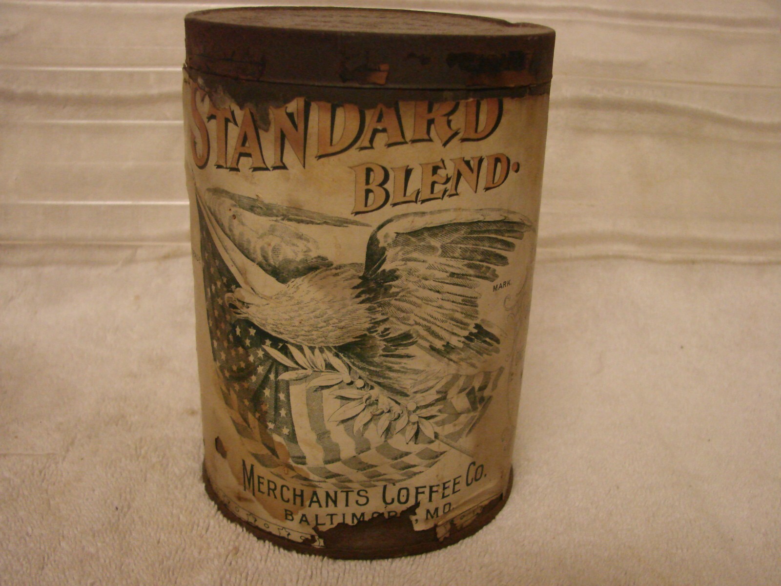 ANTIQUE STANDARD BLEND COFFEE CAN MERCHANTS COFFEE CO. BALTIMORE MD . BALD EAGLE