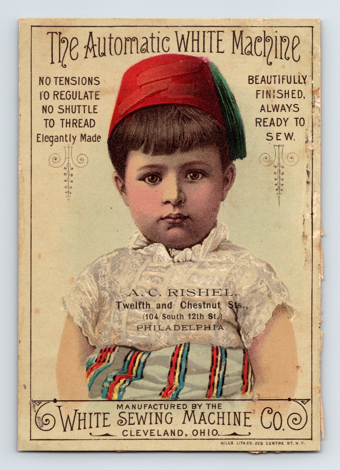 White Sewing Machine Child Fez 1890s Victorian Trade Card 3.5″ x 5″