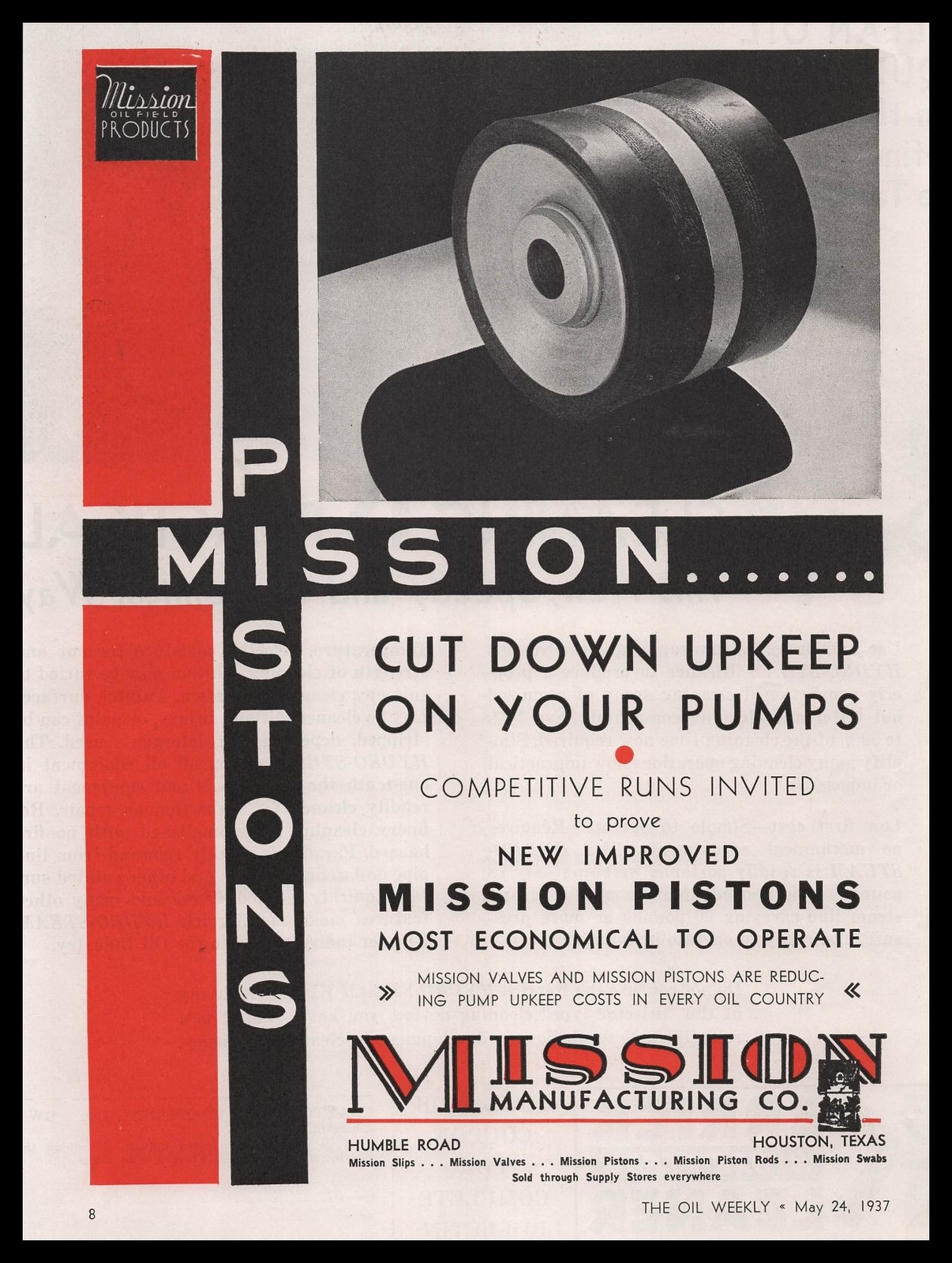 1937 Mission Mfg Co. Humble Road Houston Texas Oil Well Pump Pistons Print Ad