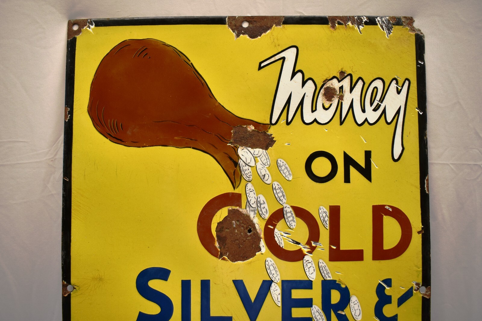 Vintage Porcelain Enamel Sign 30×20 Money on Gold Silver Jewelleries Sen & Co Ca